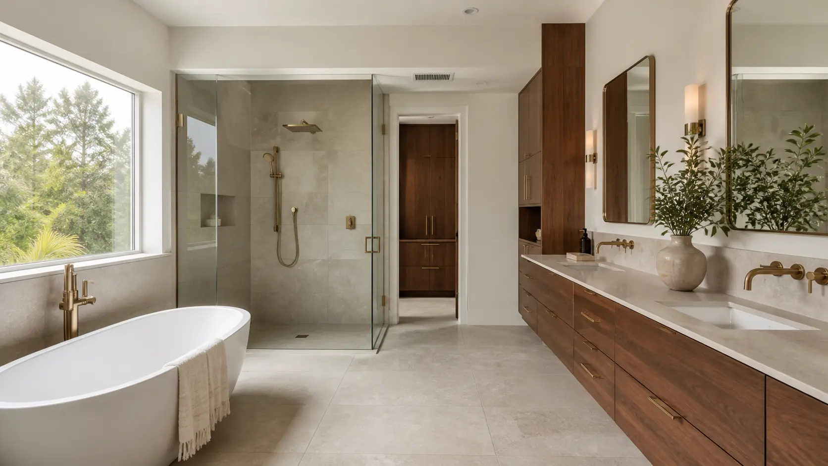 Completed bathroom remodel with a freestanding tub, walk-in shower, and custom vanity