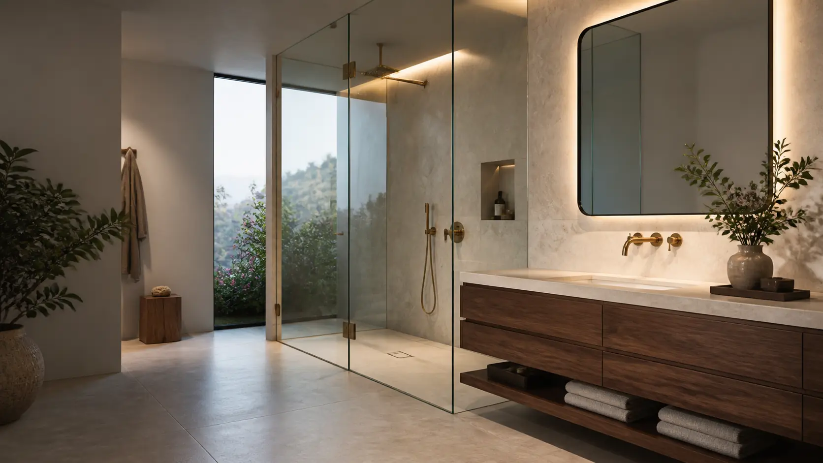 Luxury bathroom remodel with a walk-in shower and walnut vanity