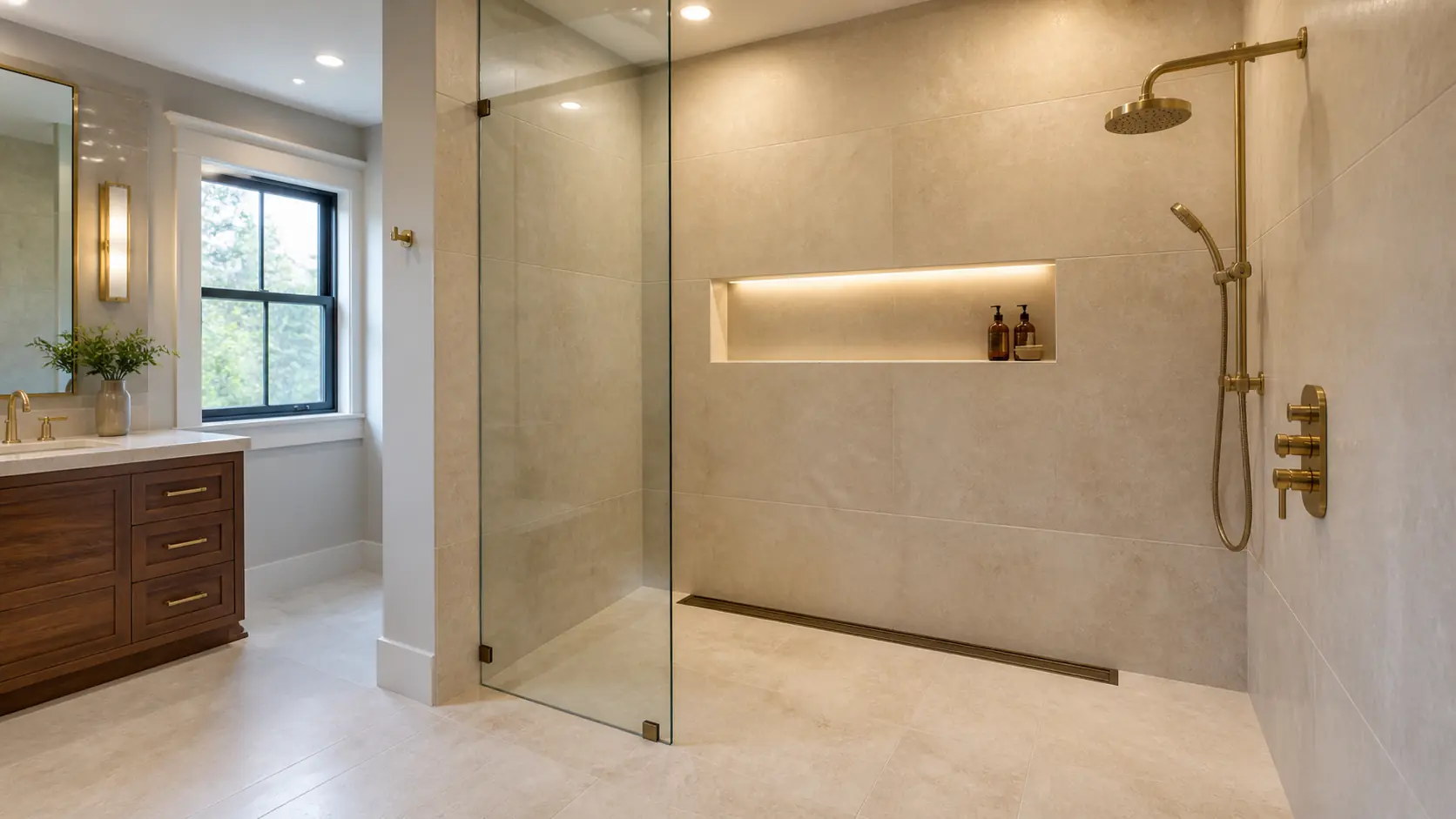 Custom walk-in shower with large-format tile and a recessed niche