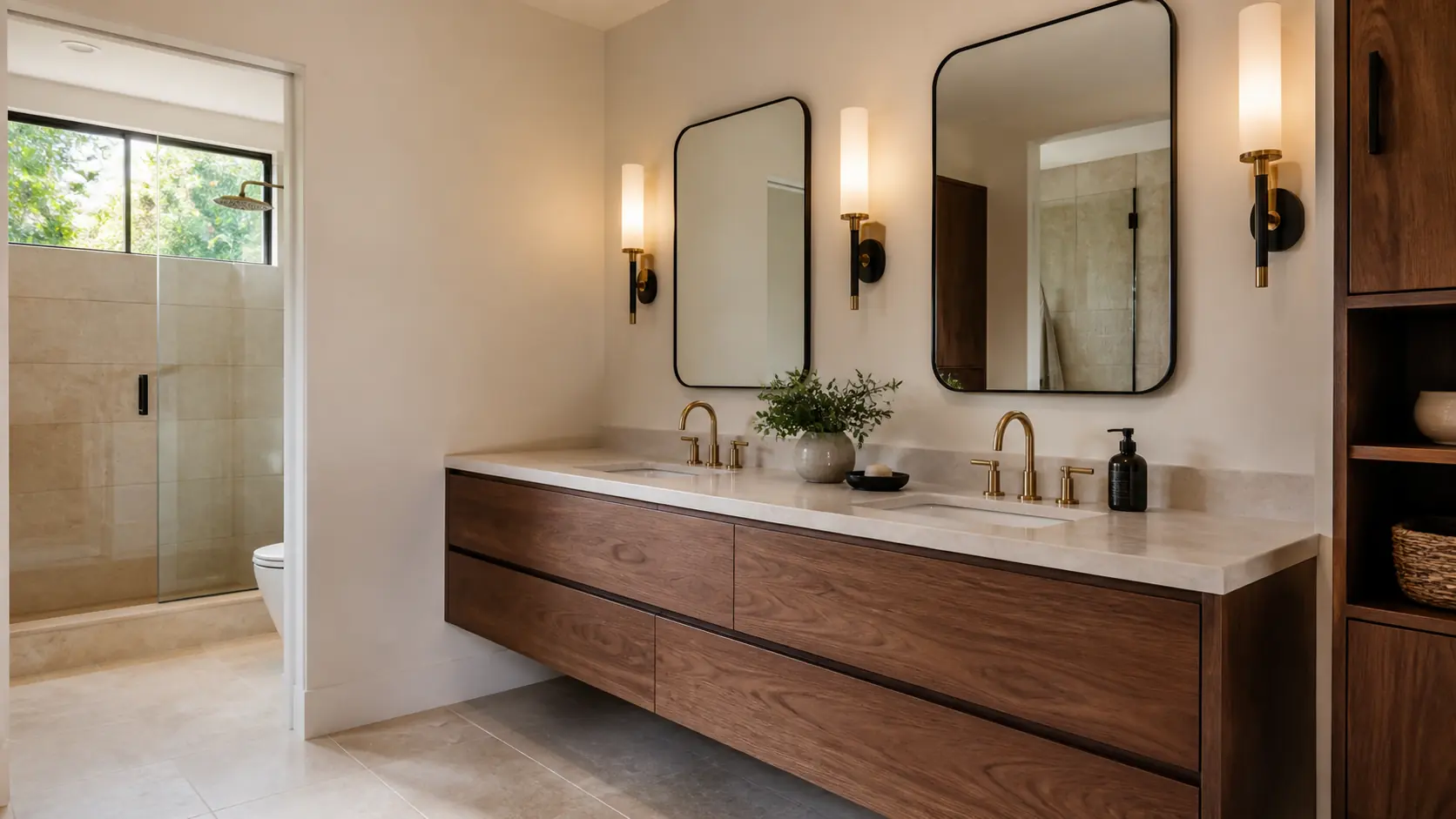 Floating walnut bathroom vanity with coordinated lighting and brass fixtures