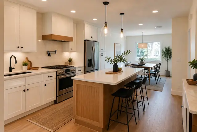 Complete kitchen remodeling project Complete kitchen remodel with warm wood cabinetry, an island, and coordinated lighting