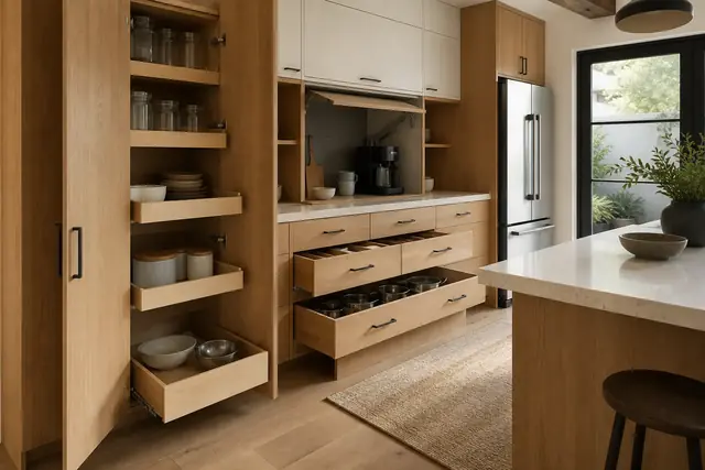 Kitchen cabinets and organized storage Organized kitchen cabinet wall with pantry pull-outs and deep drawers