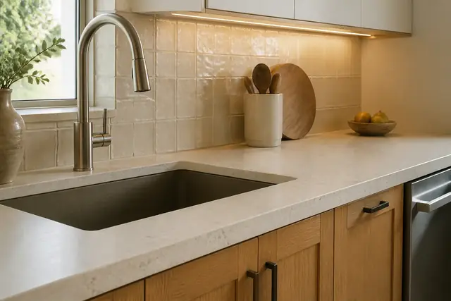 Kitchen countertops and backsplash finishes Kitchen countertop and backsplash materials arranged for a coordinated finish plan