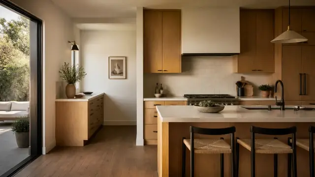 Los Angeles kitchen remodel with warm oak cabinetry Warm Los Angeles kitchen remodel with an island, oak cabinetry, and large windows